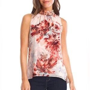 White House Black Market Red Gray Cream Floral Sleeves Casual Feminine Tops S